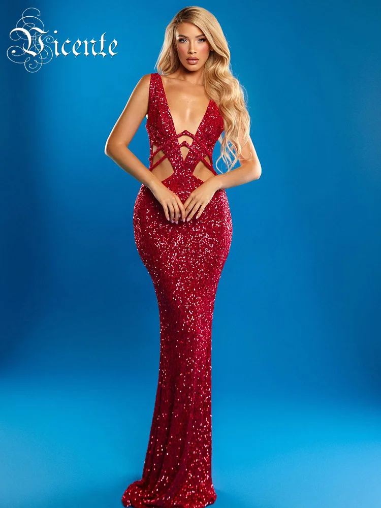 

VC Cocktail Party Dresses For Women Sexy V Neck Sleeveless Red Mesh Patchwork Sequins Glitter Maxi Long Gown