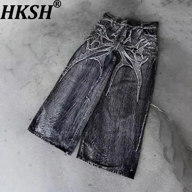 

HKSH Spring New Men Tide Punk Hip-Hop Gothic High Street Loose Jeans Y2K Patchwork Vintage Wide-Leg Denim Pants Chic Ins HK19259