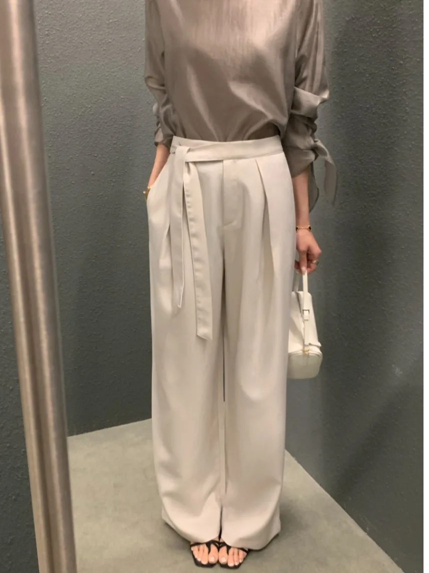 

Женские летние повседневные брюки с высокой талией и широкими штанинами, новинка, плиссированные, струящиеся, с поясом, Fene Ele