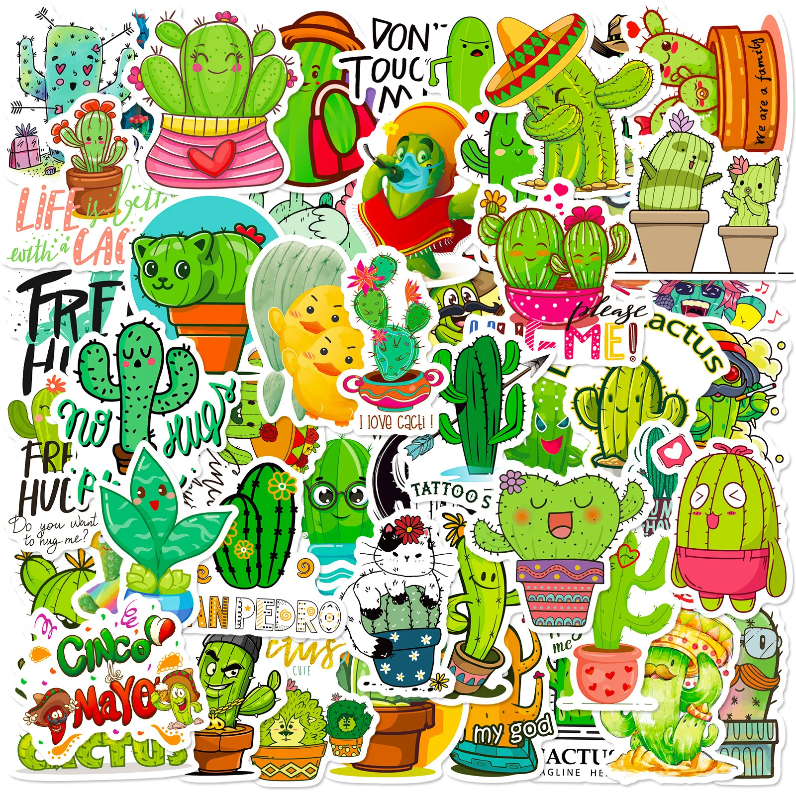 Bonito Cactus Plant Graffiti Dos Desenhos Animados Adesivos, Telefone DIY, Guitarra, Laptop, Notebook, Mala, Copa, Etiqueta impermeável, Brinquedo Infantil, 50Pcs