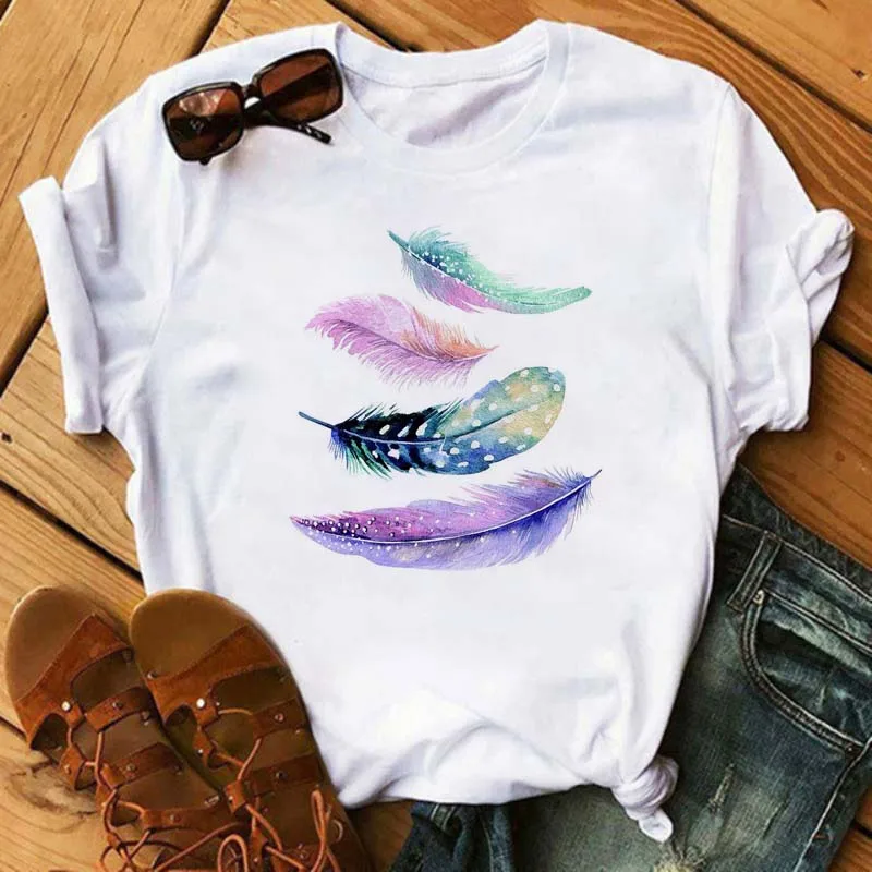 Fashion Women T Shirt Funny Butterfly Feather Print Tshirt T Shirt Summer Short Sleeve Tops Tee Female Feather T-shirts T Shirts
