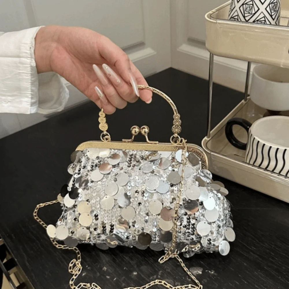 Retro Sequined Evening Bag Round Handle Clip Chain Crossbody Bag Large Capacity Elegant Shoulder Bag Wedding