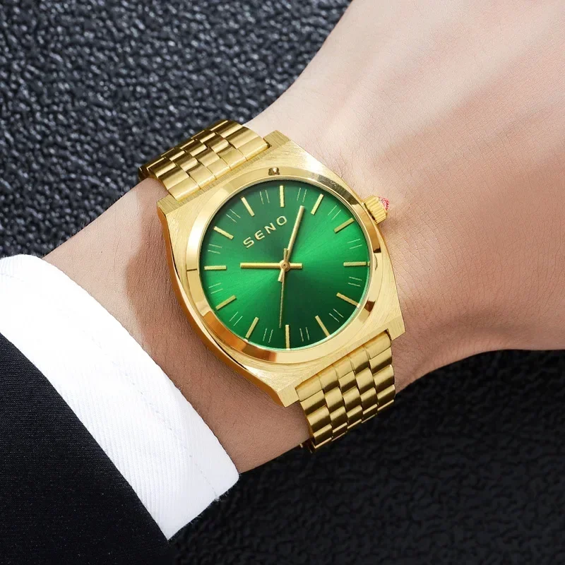 NEWSteel Band Gold Watch Green Dial Men's and Women's Watch Ultra Thin Green Ghost Waterproof Business Men's Watch