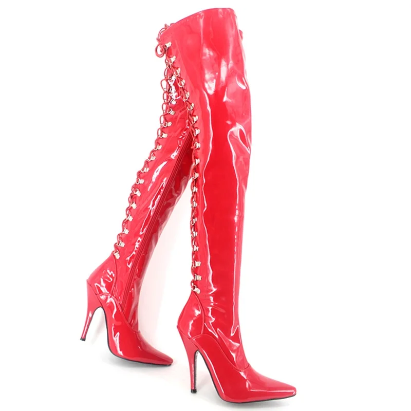 CACA stivali alti alla coscia da donna con tacco da 12cm, scarpe da Pole Dance Cosplay da uomo, Botas lunghe Fetish, nero, rosso, allacciate sul