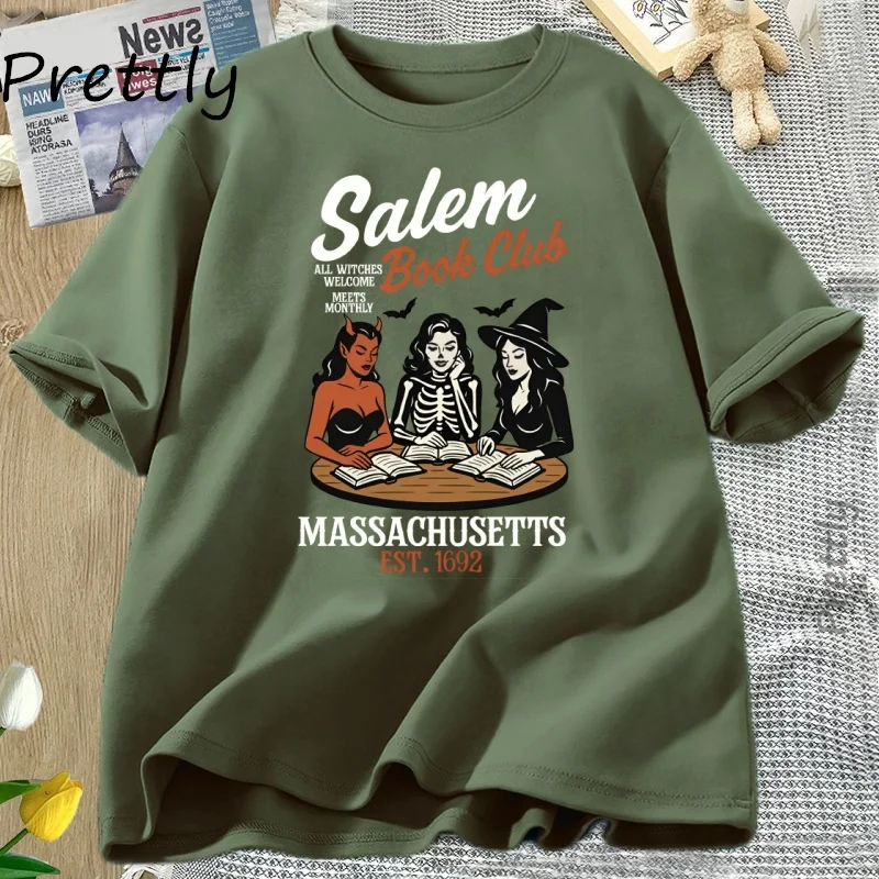 Witchy Book Club T-Shirt Spooky Girl Reading T-Shirt Buchliebhaber Halloween T-Shirt Casual Kurzarm Baumwolle Damen Kleidung T-Shirts