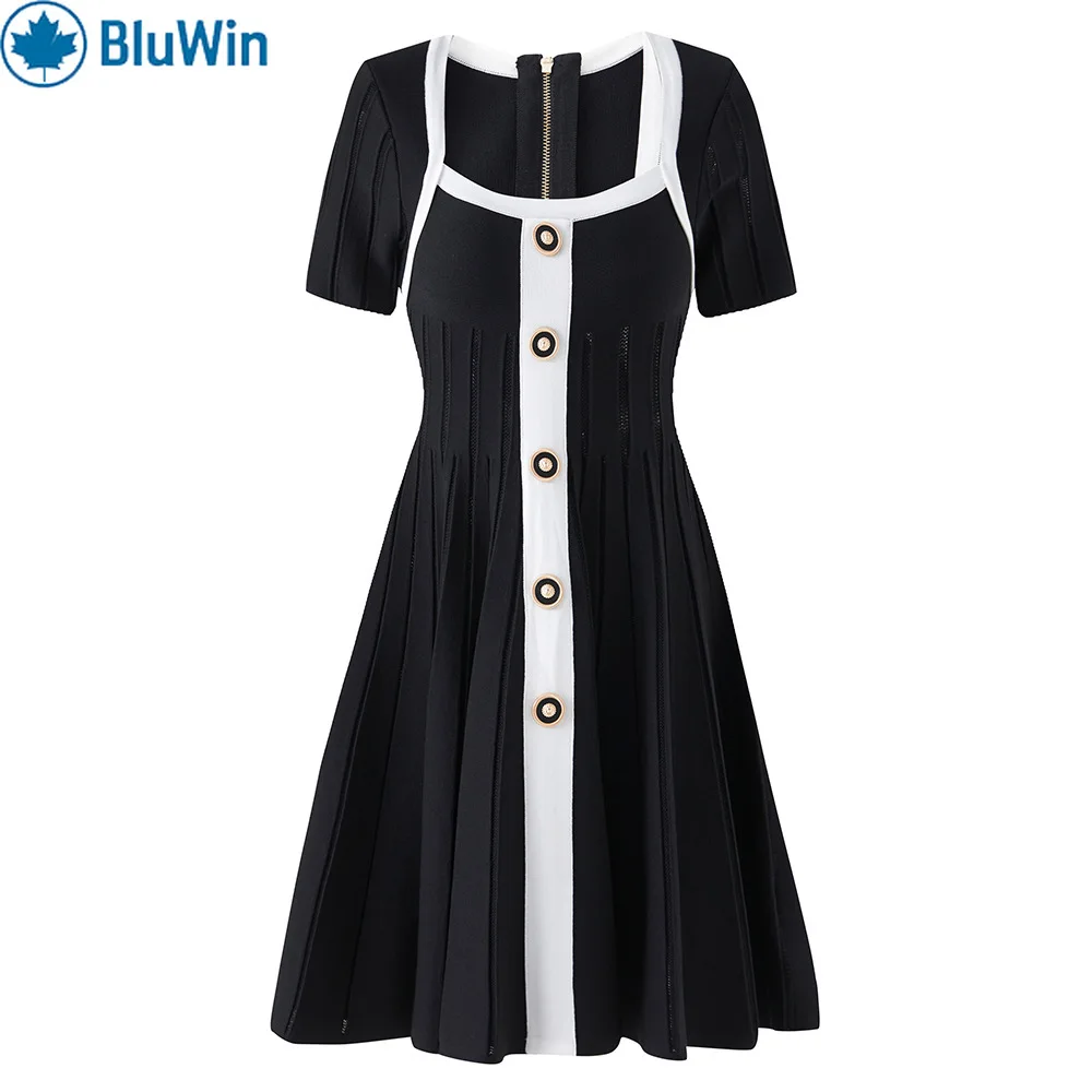 

URBANCHIC 2025 Square Neck Black White Color Block Knit Dress – Elegant Short Sleeve Summer Mini Dress for Women Celebrity Style