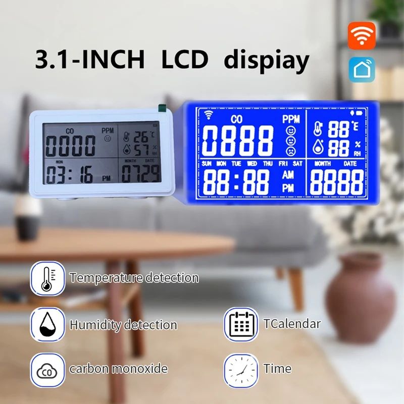 Tuya Wifi Smart Desktop Clock con calendario di allarme termometro igrometro CO Detector Display LCD per Alexa e Google
