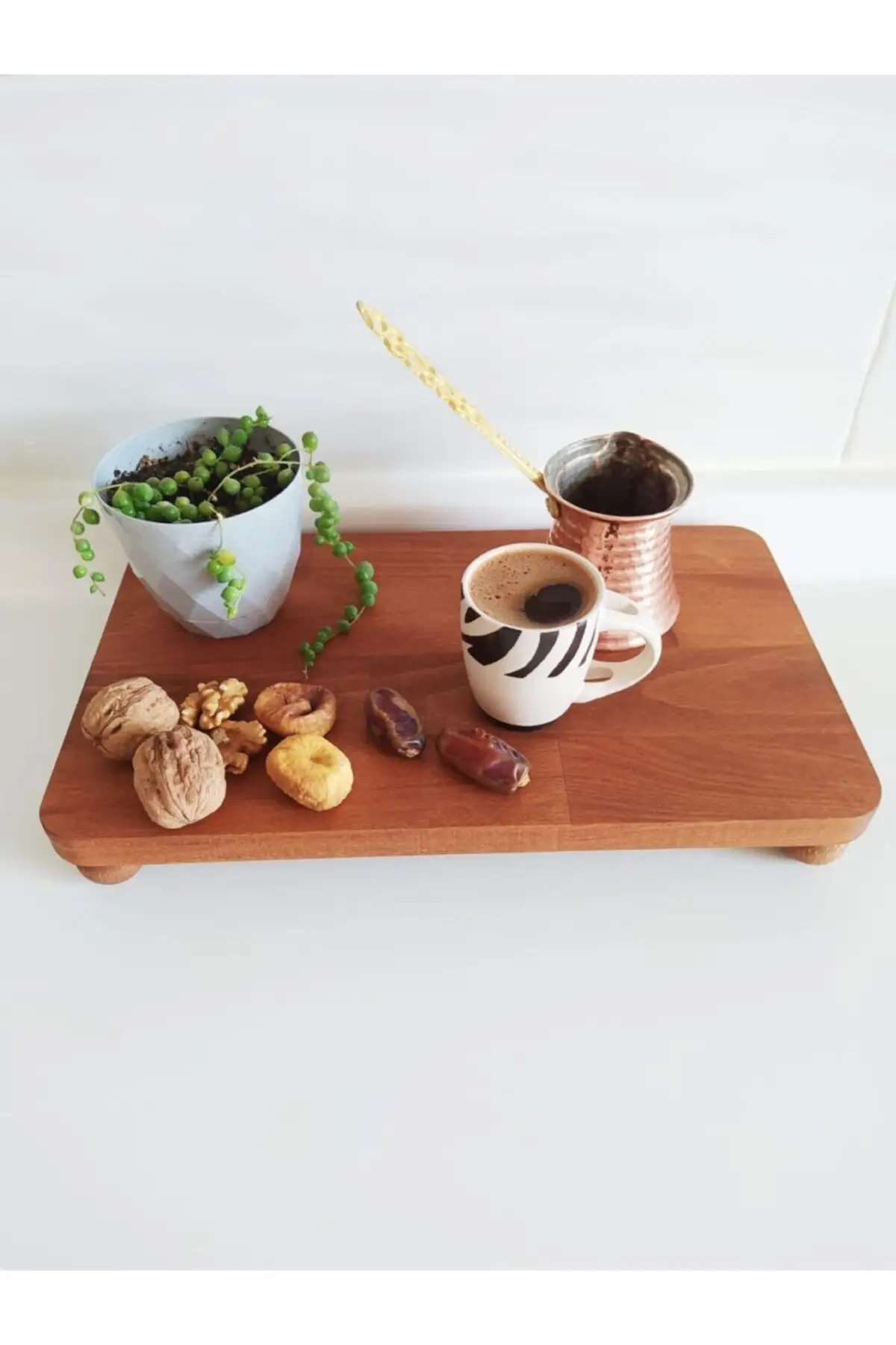 Wood Ball Pedestal Stand Walnut Rectangle serving plate presentation set