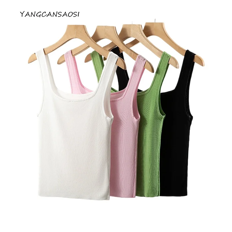

2025 Women's Casual Clothing French Solid Color Square Neck Natural Mulberry Silk Knitted Inner Tank Top Strap