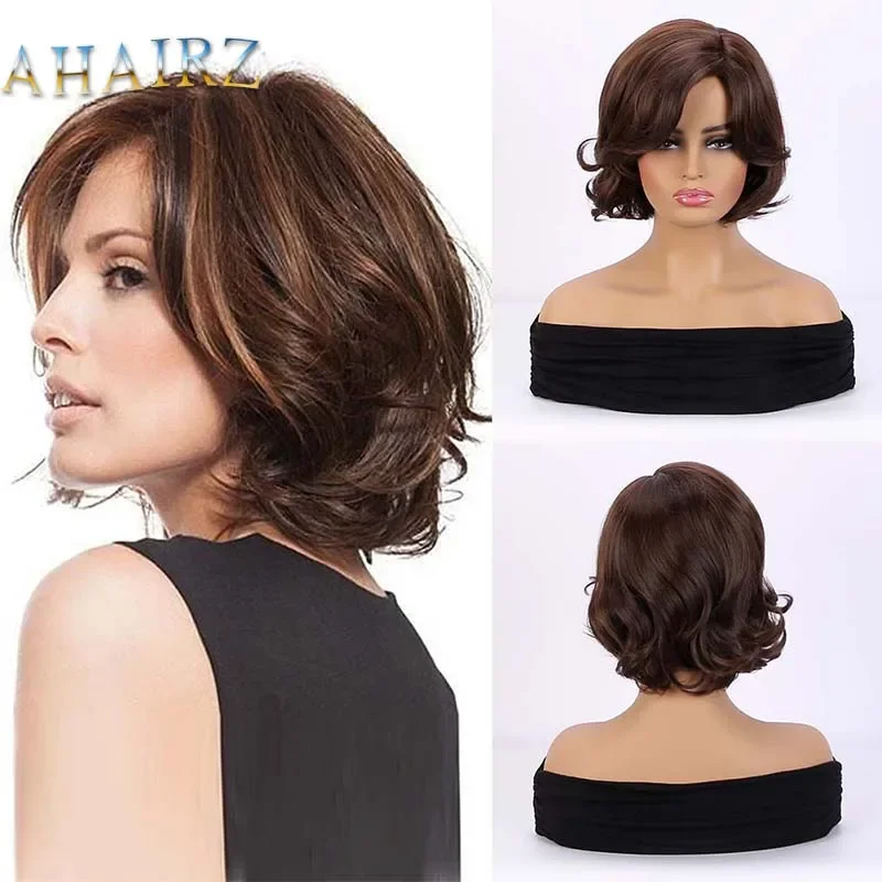 Short Pixie Cut Brown Synthetic Wigs with Bangs Curly Hair Wigs for Women Daily Cosplay Wig Heat Resistant Fiber