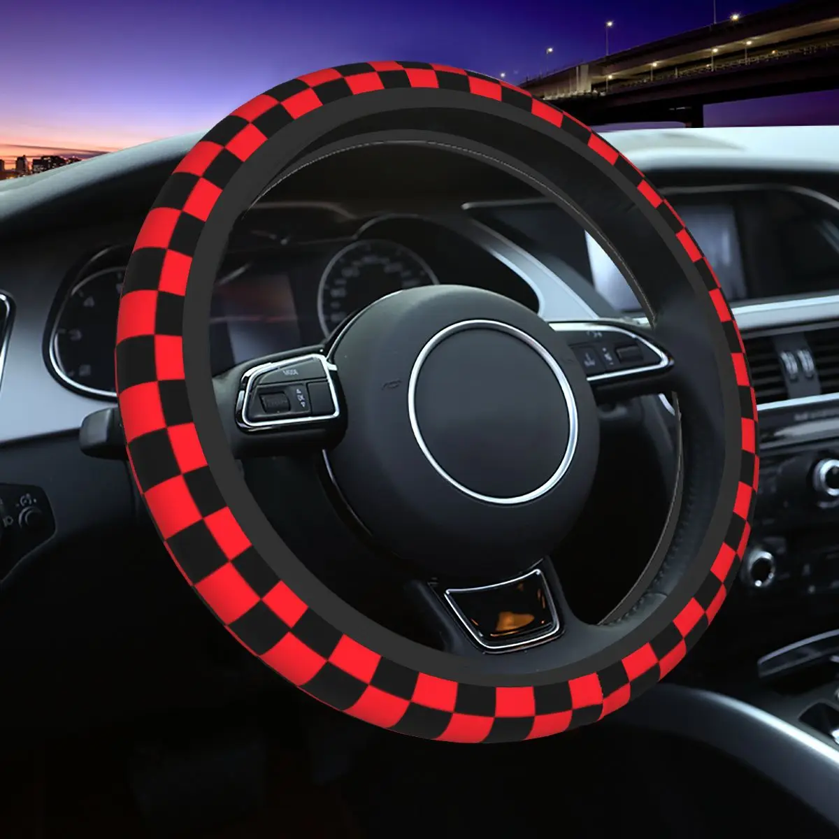 

37-38 Car Steering Wheel Covers Red Checkerboard Elastic Geometry Christmas Braid On The Steering Wheel Cover Auto Accessories
