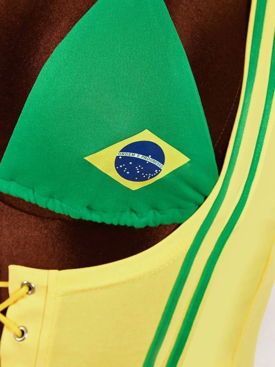 Damen Y2K Brasilien-Flagge 2-teiliges Outfit, gestreiftes Kurzarm-Oberteil, Neckholder-BH, Schnürkorsett, Weste, Streetwear, Festival-Matching-Set – Detail 8
