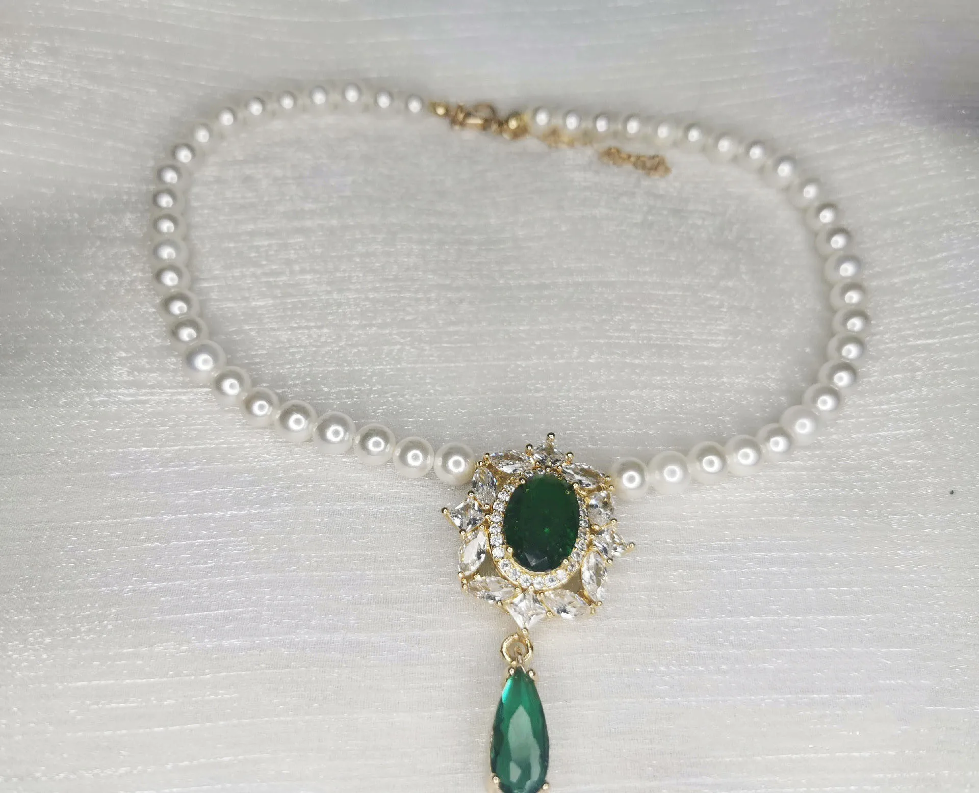 Women's jewelry green imitation pearl zircon necklace free shipping