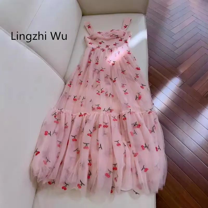 Lingzhi Wu French Design Berry Embroidery Mesh Long Dress Formal Fish Bone Slim Waist Ladies Fairy Holiday Long Vestidos Pink