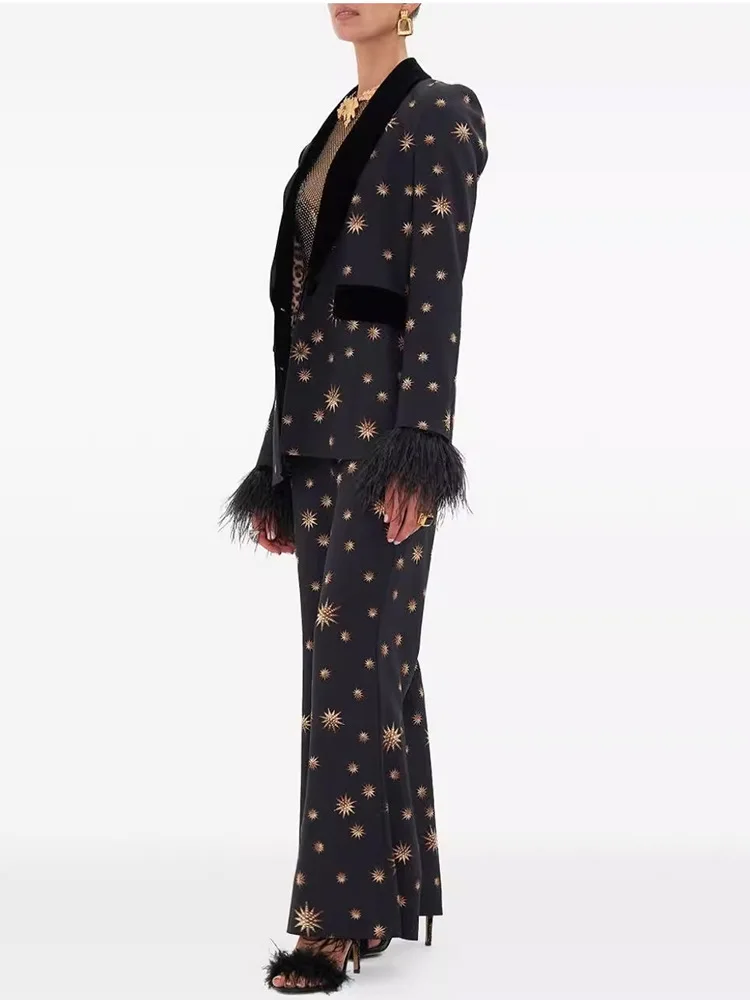 HIGH STREET Newest 2026 Designer Suit Set Women's Embroidered Velvet Patchwork Feather Blazer Long Pants Set