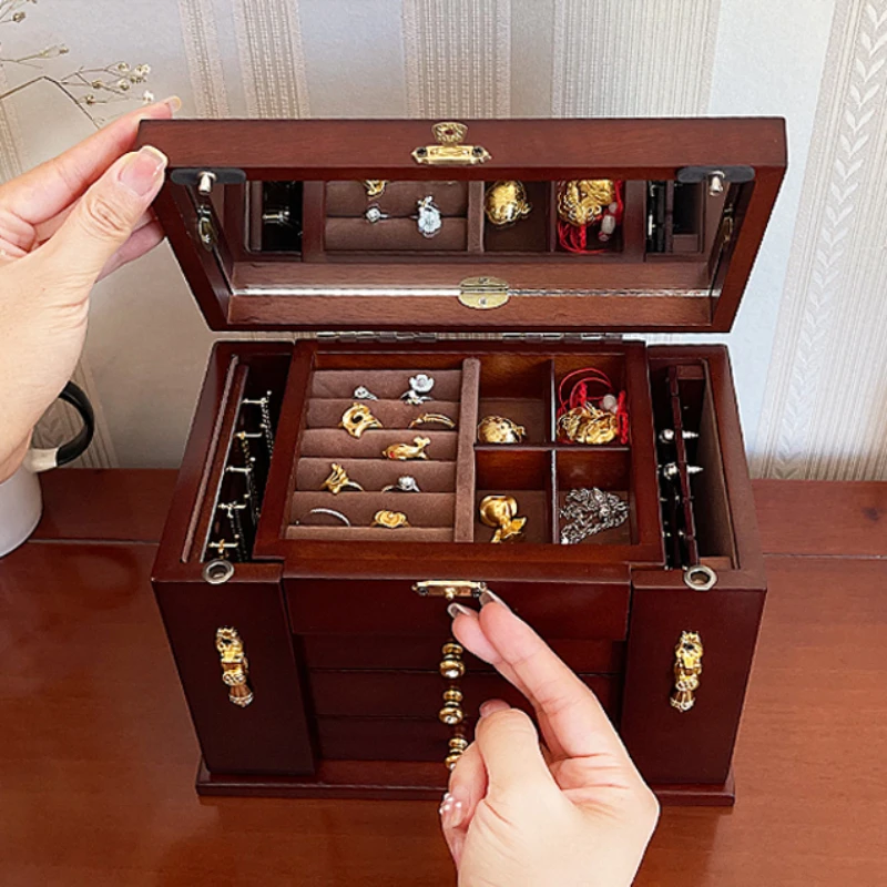 Wood Jewelry Box Velvet Drawer Ring Necklace Bangles Jewelry Boxes Organizer Earrings Display Tray Women Accessories Storage