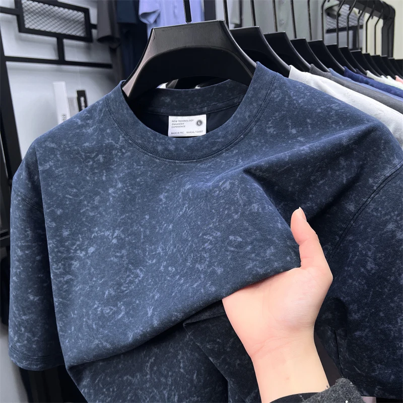 

Luxur ice silk breathable short sleeve T-shirt men's summer new trend retro tie dye design casual couple loose round neck top