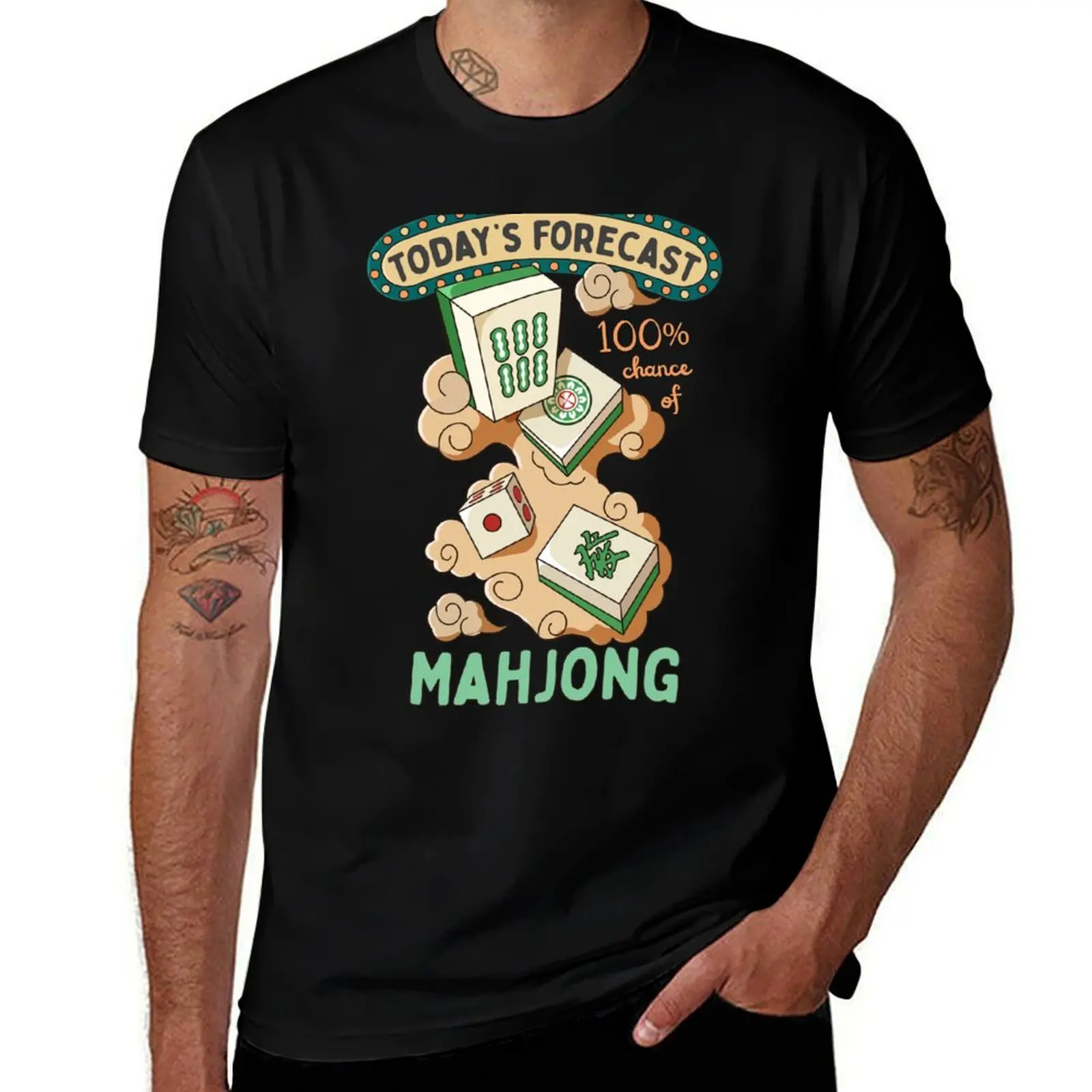 

Mahjong Tiles And Clouds Cartoon T-Shirt men t shirt cotton 100% graphic t shirts for man T-shirt