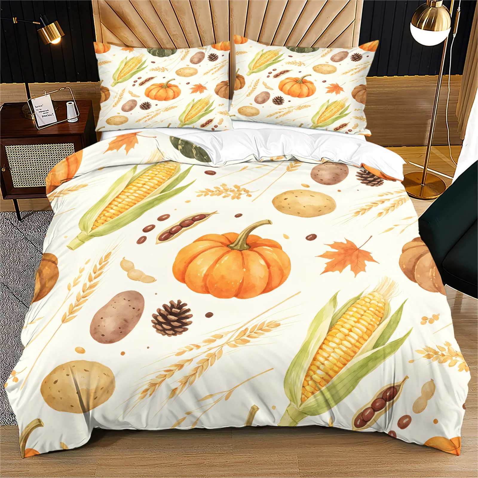 Fall Vegetable Harvest Duvet Cover Set Watercolor Pumpkin Potato Corn Wheat Maple Leaf Printed Bedding Thanksgiving Home Decor