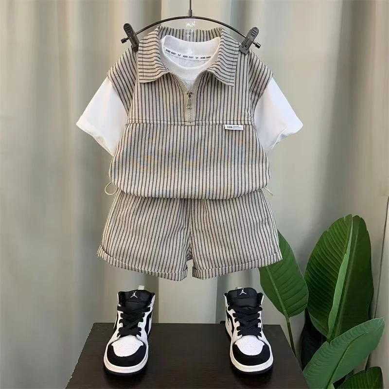 Korean Fashion Striped Short Sleeve Zipper Shirt And Shorts Two Piece Suit Baby Boys Summer Boutique Outfits Kids Sport Clothes