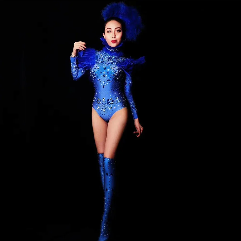 

Blue Shining Rhinestones Crystal Feathers Headdress Long Sleeves Bodysuits For Women Fashion Show Stage Costume Drag Queen Wear