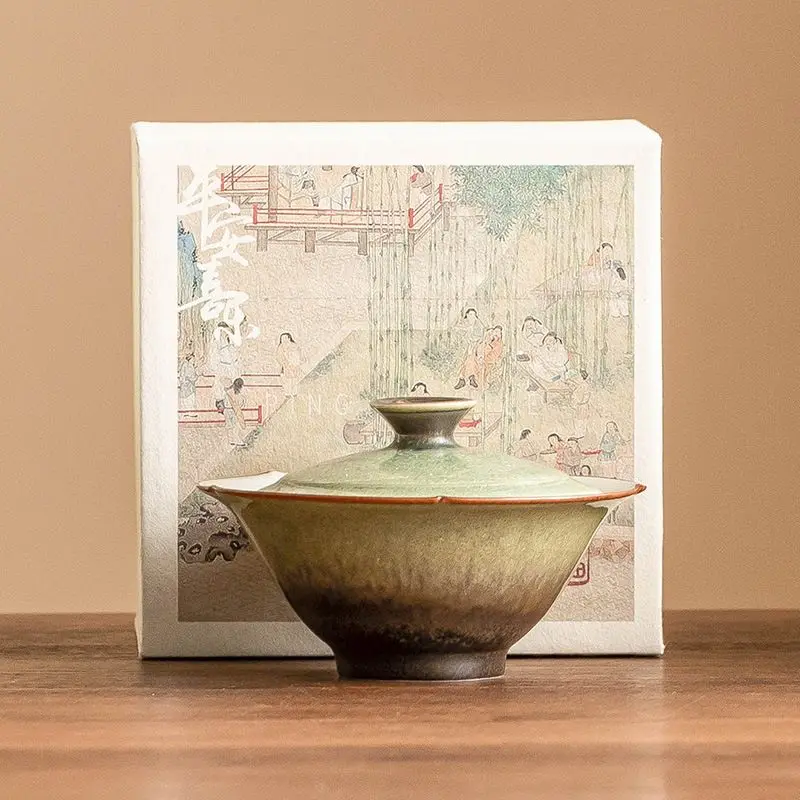 Kiln Change Ceramic Gaiwan Emerald Green Starry Sky Short Petal Tea Brewing Bowl with Lid Premium Chinese Vintage Tea Set Gift