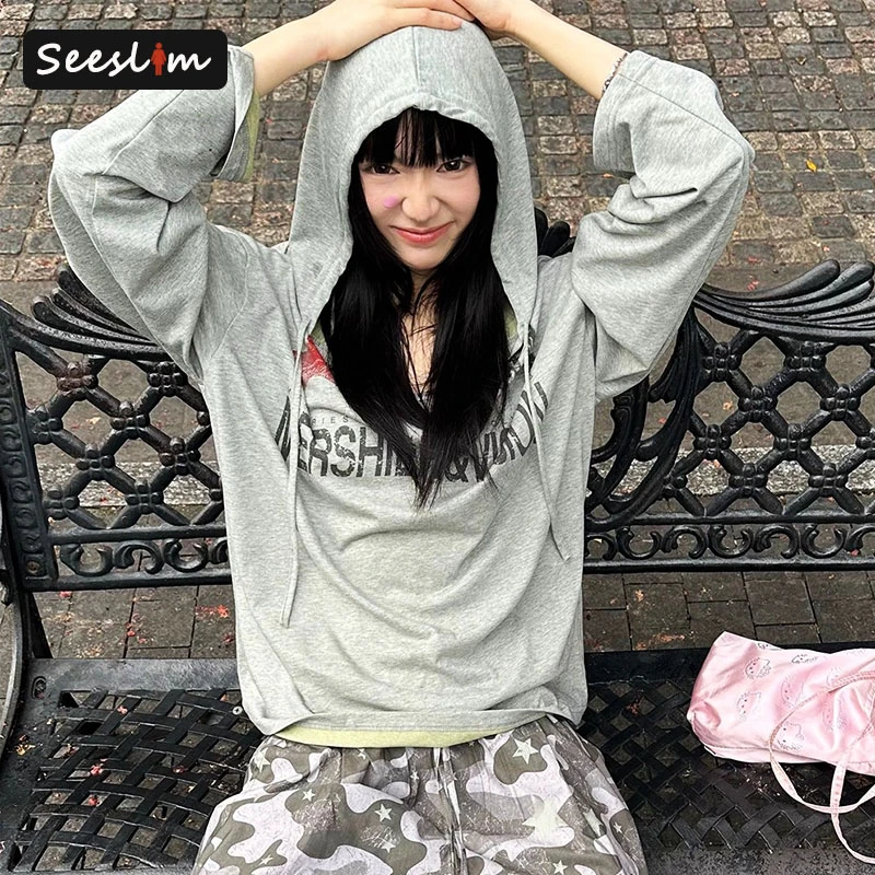 

Seeslim Hooded Graphic T Shirts Long Sleeve Korean Fashion Autumn Tops 2000s Clothes Y2k Tees Female Clothing Streetwear T-shirt