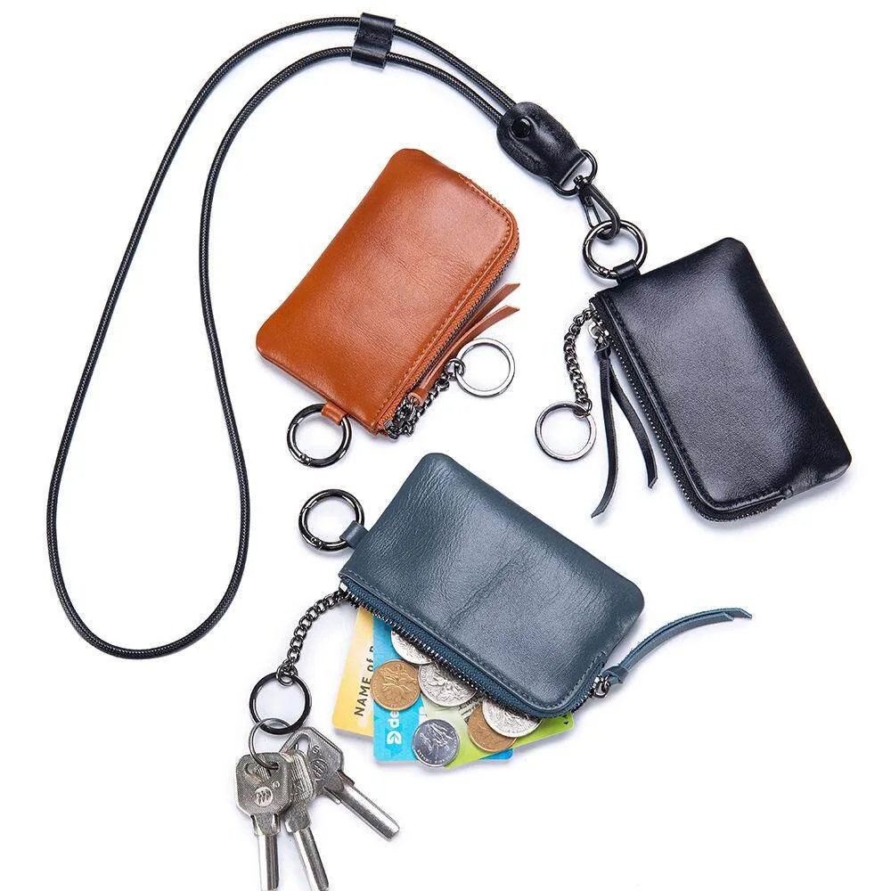 Vintage Men's Top Layer Leather Neck Hanging Coin Purse Small Genuine Leather Black Card Holder with Key Ring Compact EDC Pouch