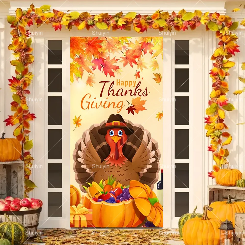

Thanksgiving Door Banner Autumn Maple Leaves Sunflowers Pumpkins Turkey Party Supplies Indoor Outdoor Porch Decor Cover Backdrop
