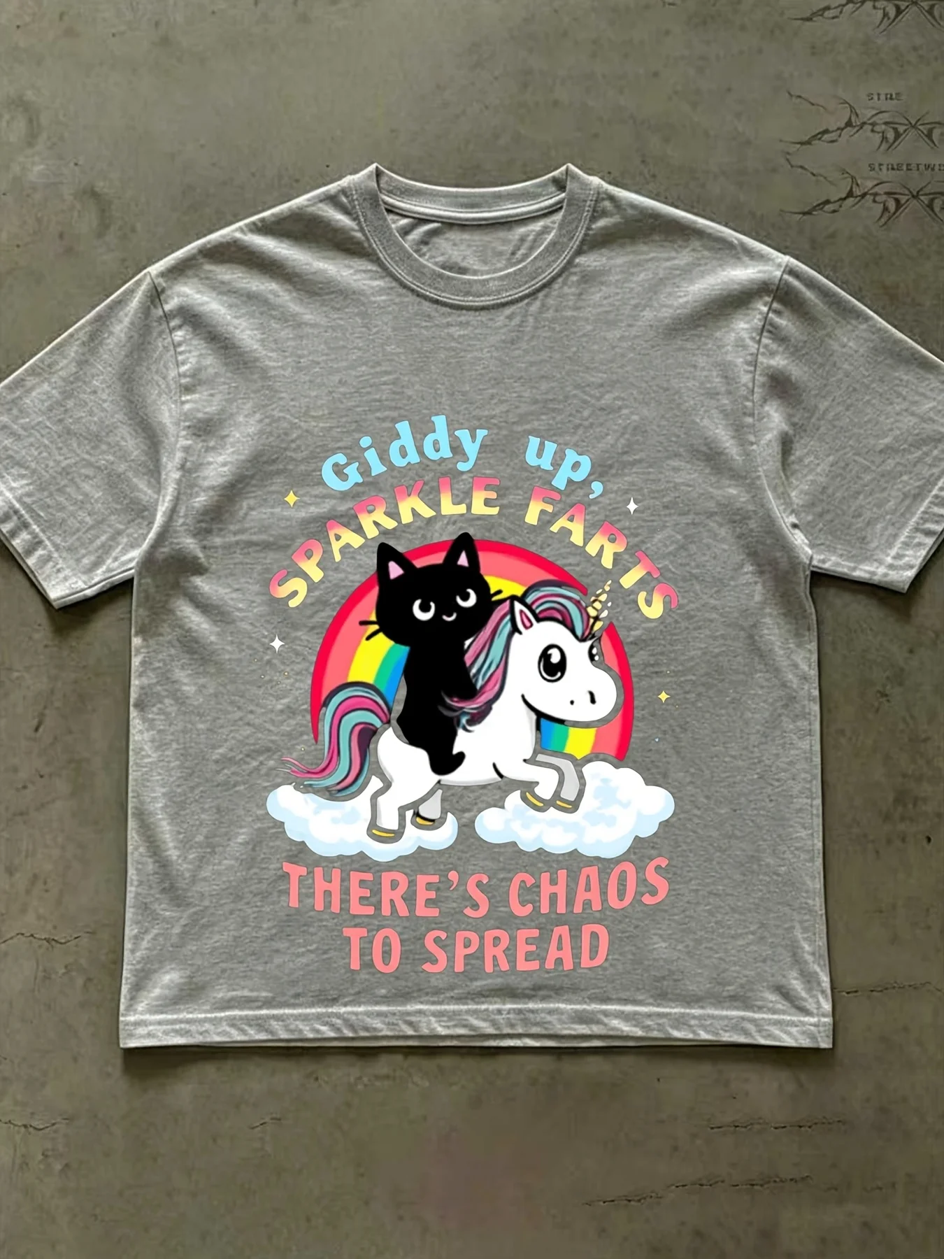 Plus Size, Whimsical Unicorn and Cat Graphic T Shirt Fun Black Featuring Rainbow Mane Cloud and Playful Text Giddy up SPARKLE FARTS Bold Pink THERE's CHAOS to SPREAD Design Perfect for Lovers O.png