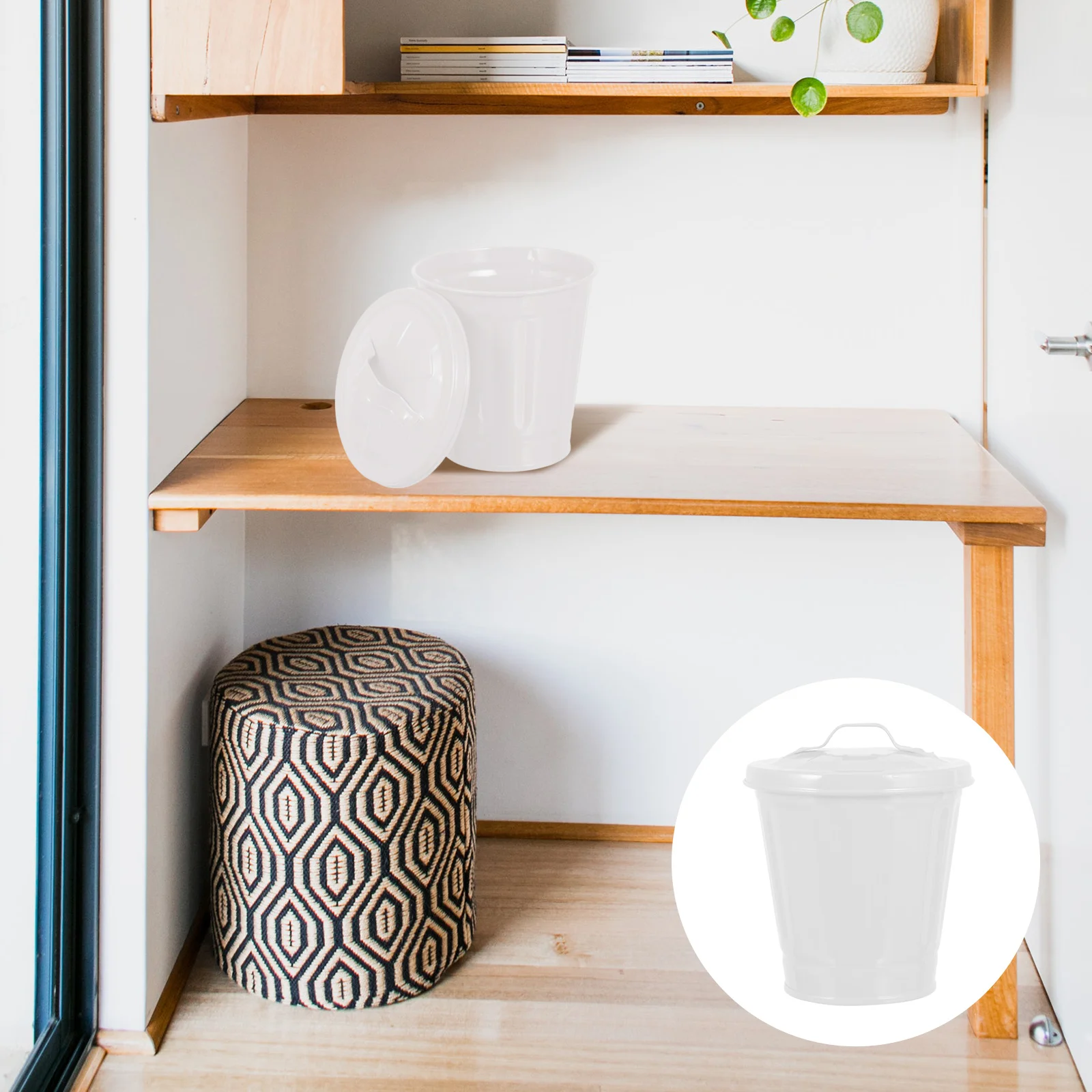 Waste Container with Lid Desktop Garbage Bin Small Storage Basket Metal Trash Can for Table Countertop Flower Pot Office Use