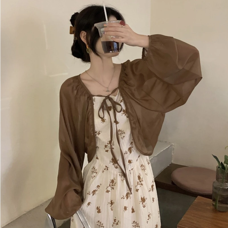 

Sunscreen Shirts Women Lace-up Clothes Summer Thin Crop Camisas Vintage Gentle All-match Lantern Sleeve Temper Pure Lady Casual