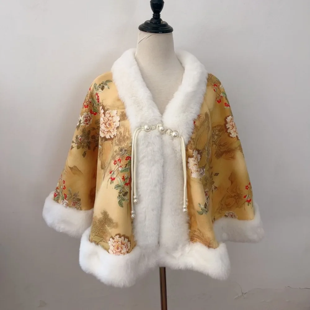 

Зимняя теплая вязаная шаль в китайском стиле, толстый плюшевый шарф, элегантная шаль с воротником из искусственного меха для вечерних платьев, свадебной вечеринки