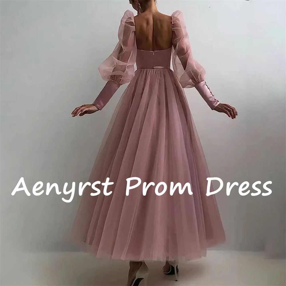 Aenyrst Querida Long Puff Sleeves Prom Dresses, Tule A Line Evening Gowns, Tornozelo Comprimento Dinner Party Dress