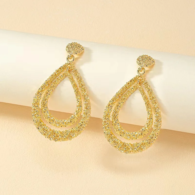 1Pair Gold‑Tone Multi‑Layer Teardrop Dangle Earrings, Textured Hollow Drop Earrings, Evening Party Statement Fashion Jewelry