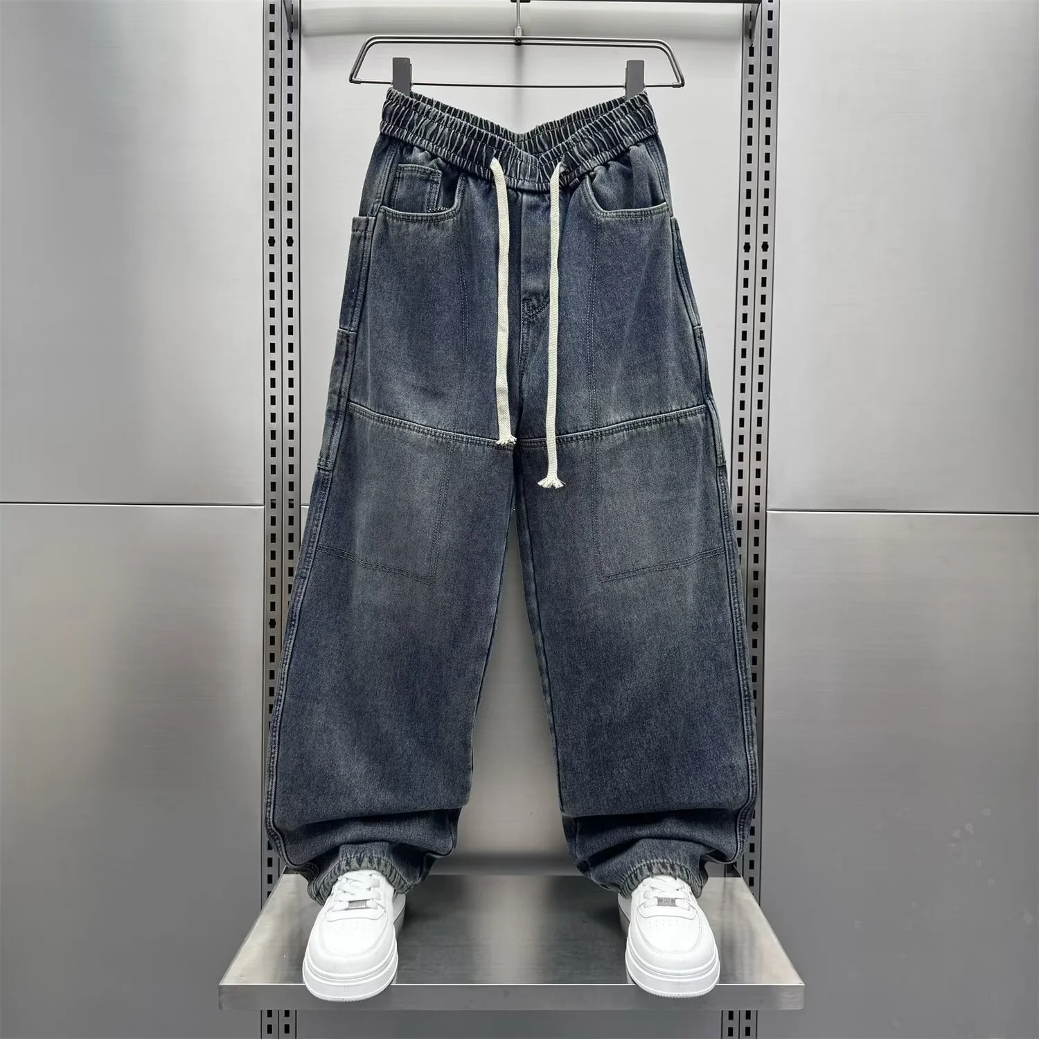 

Loose Straight Leg Men's Jeans Autumn Winter plus Size American Sle Dstring Casual Wide Leg Long Trousers for Men