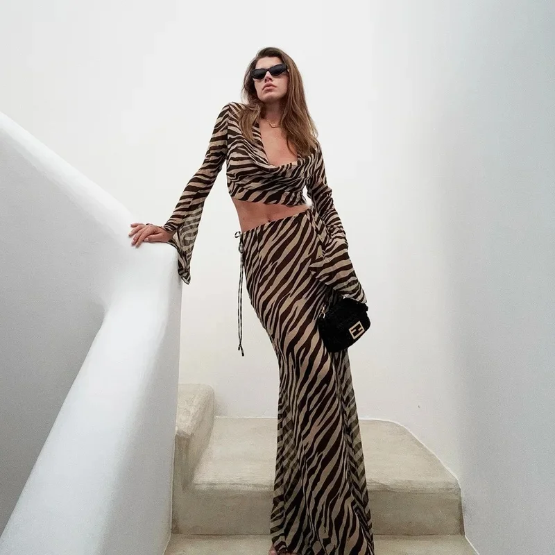 Women's Zebra Printed Top Long Skirt Set Mesh Sexy Off Shoulder Long Sleeve Crop Top Lace Up Maxi Dress 2 Piece Beach Outfits