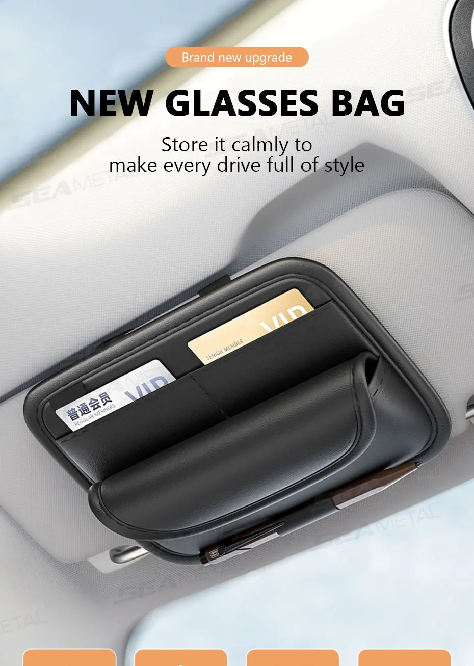 SEAMETAL Auto Sonnenschirm Gläser Tasche Pu Leder Auto Sonnenblende Karte Organizer Tragen-beständig Sonnenbrille Lagerung Tasche Zubehör – Detail 1