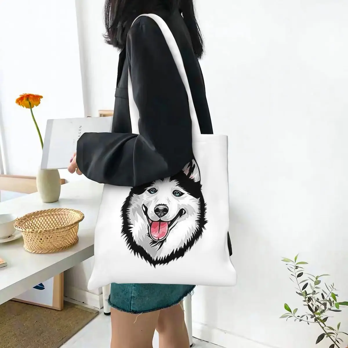 Siberian Husky Alaskan Dog Shopping Bags Canvas The Tote Bag Folding for Women Shoulder Tote Travel Handbag