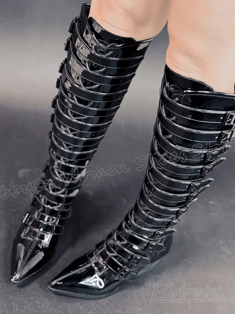 

Cowboy Knee High Boots Belt Buckle Leather Solid Color Zipper Fashion Elegant Concise Sexy Luxury Women Shoes New Pointy Heels