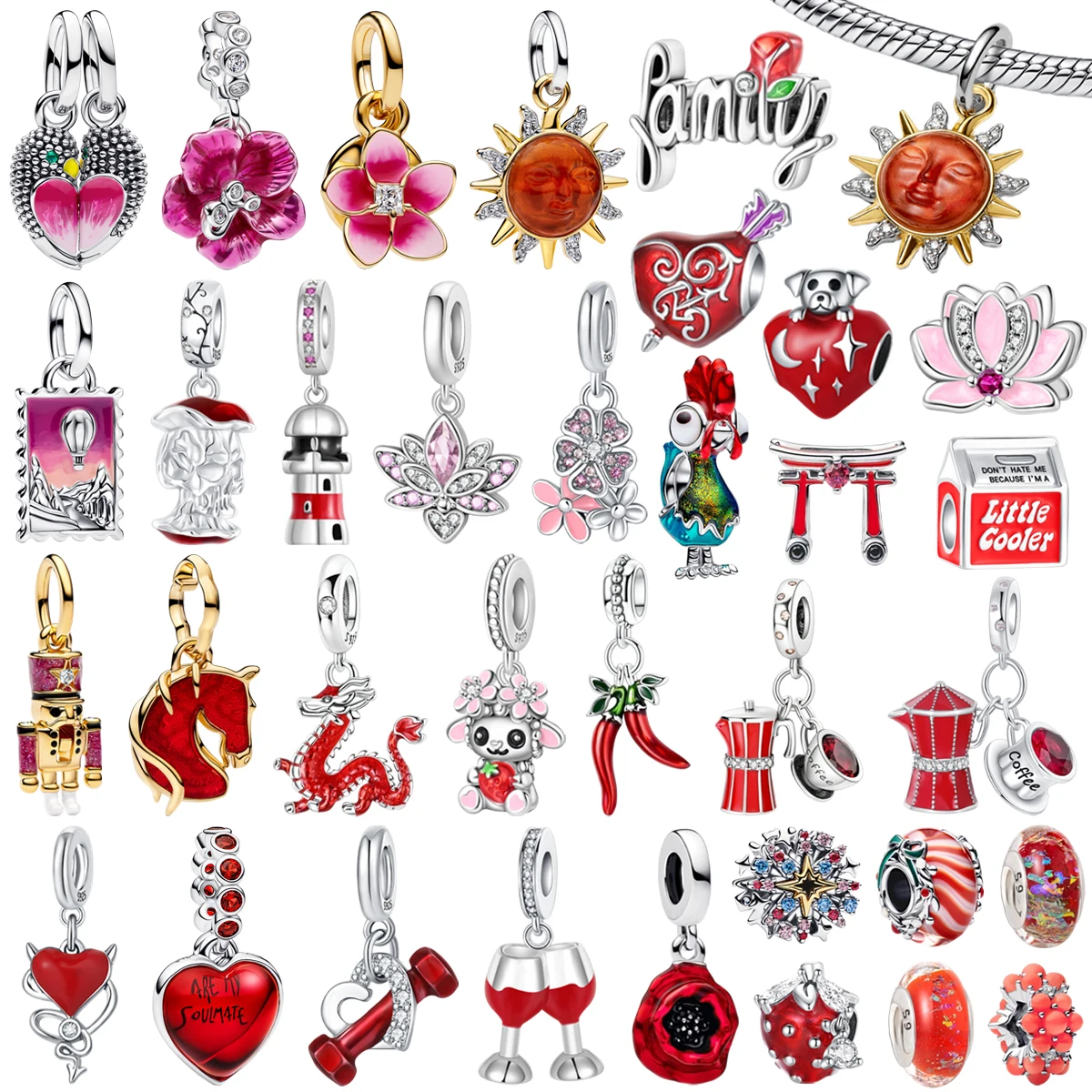 Original S925 Silver Red Glass Bead Charms Strawberry Wine Glass Heart Shaped Chili Flower Dragon Pendants DIY Bracelet Jewelry