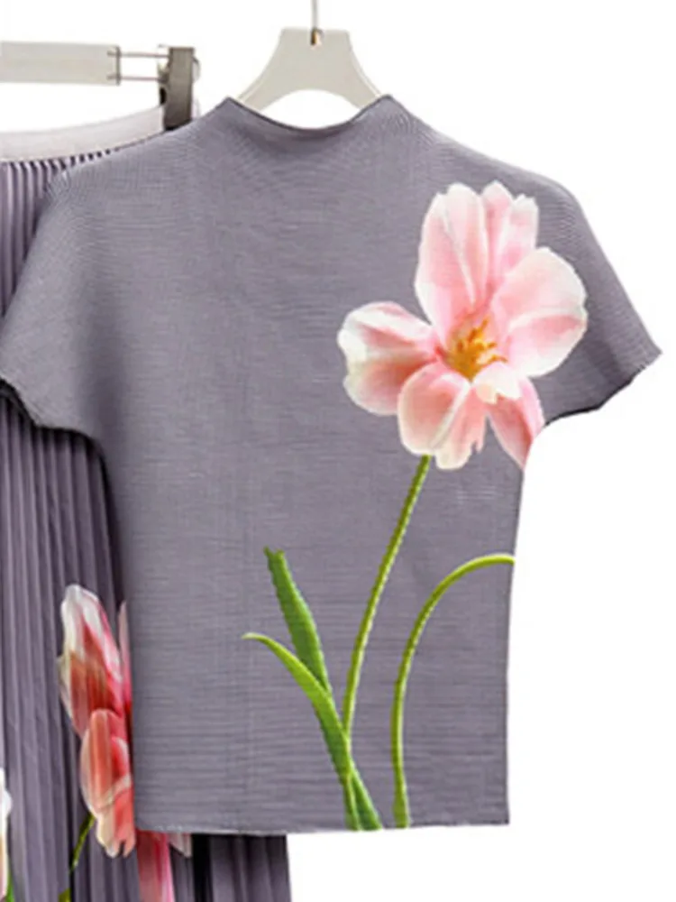 Imagem -04 - Lanmrem-t-shirt Retrô Plissada Estampada Flores Femininas Tops de Mangas Curtas Estilo Fino Roupas da Moda Feminina Novo Verão 2aa1800 2023