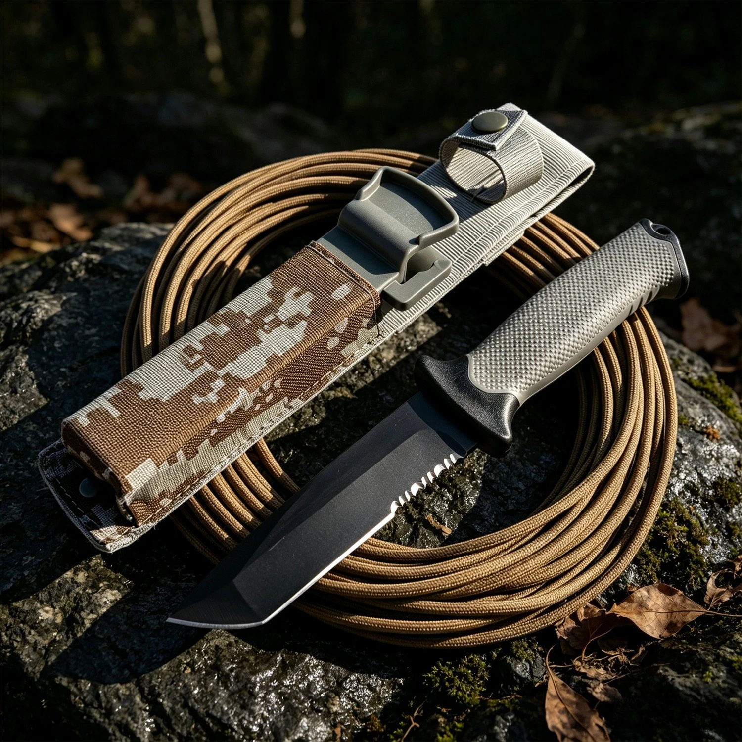Daily Carry BG-9 Utility Fixed Blade Knife 8Cr13Mov Serrated Blade Gray Rubber Grip Protective Sheath for Outdoor Activities