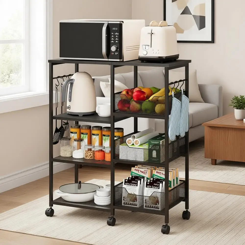

4-уровневая передвижная кухонная тележка-остров с местом для хранения, съемными крючками и фиксирующимися колесиками - черная