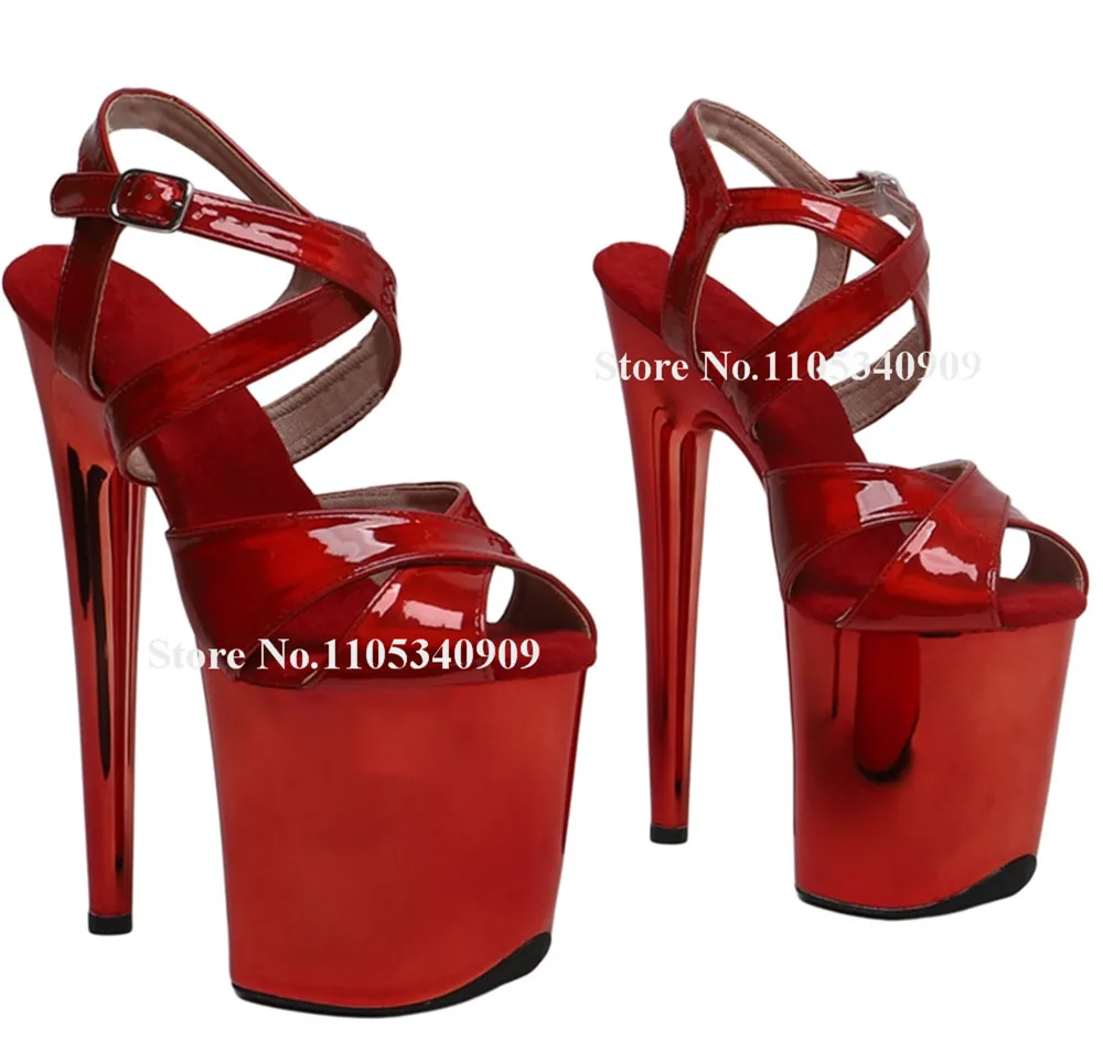 Bondarenko Shining Straps Cross Stiletto Heel Sandals Open Toe Red Patent Leather High Platform 20cm Thin Heel Dance Shoes