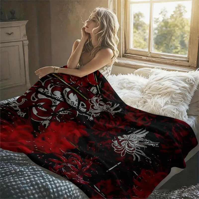Red Spider Lily Pattern Flannel Blanket Perfect for Sofa Office Bed Travel Sleep Read Relax Camping Four Season Use