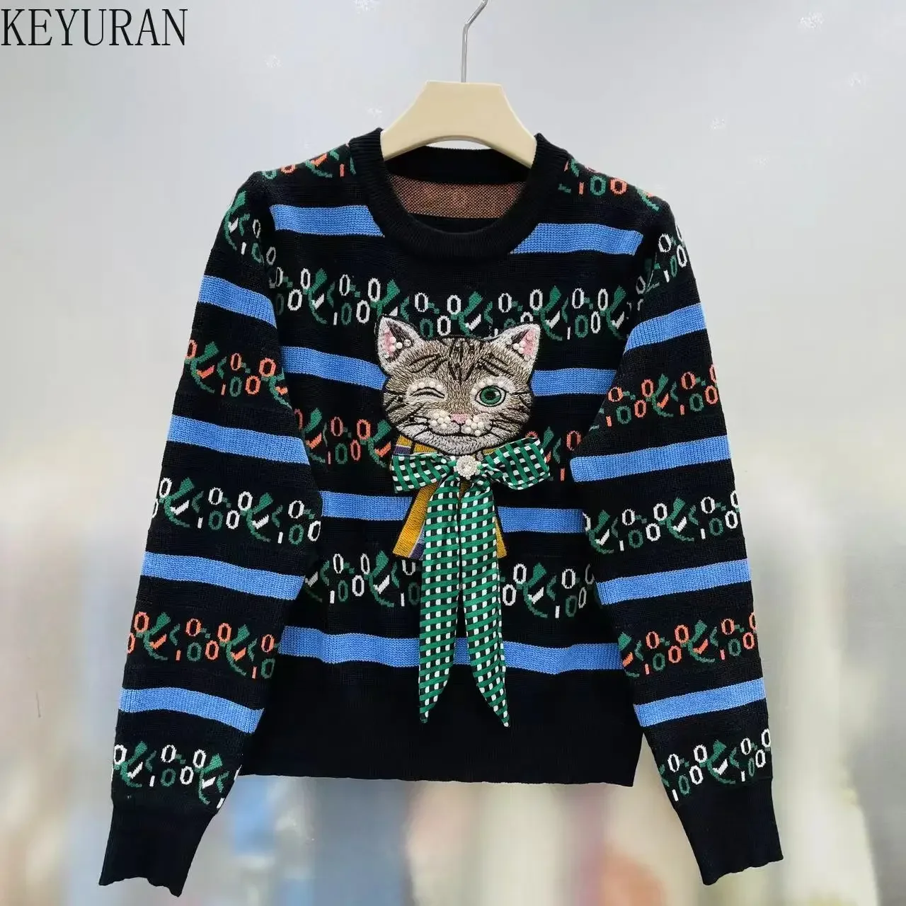 Vintage Beading Cat Embroidery Sweater Pullover Women Spring Autumn New Fashion O-Neck Long Sleeve Striped Knitted Tops Jumper