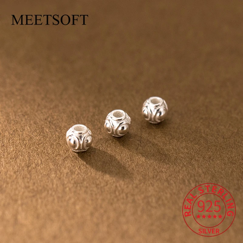 MEETSOFT 925 Silver Handmade 4mm Patterned Bracelet with Round Separated Beads DIY Handmade Rope Material Accessories