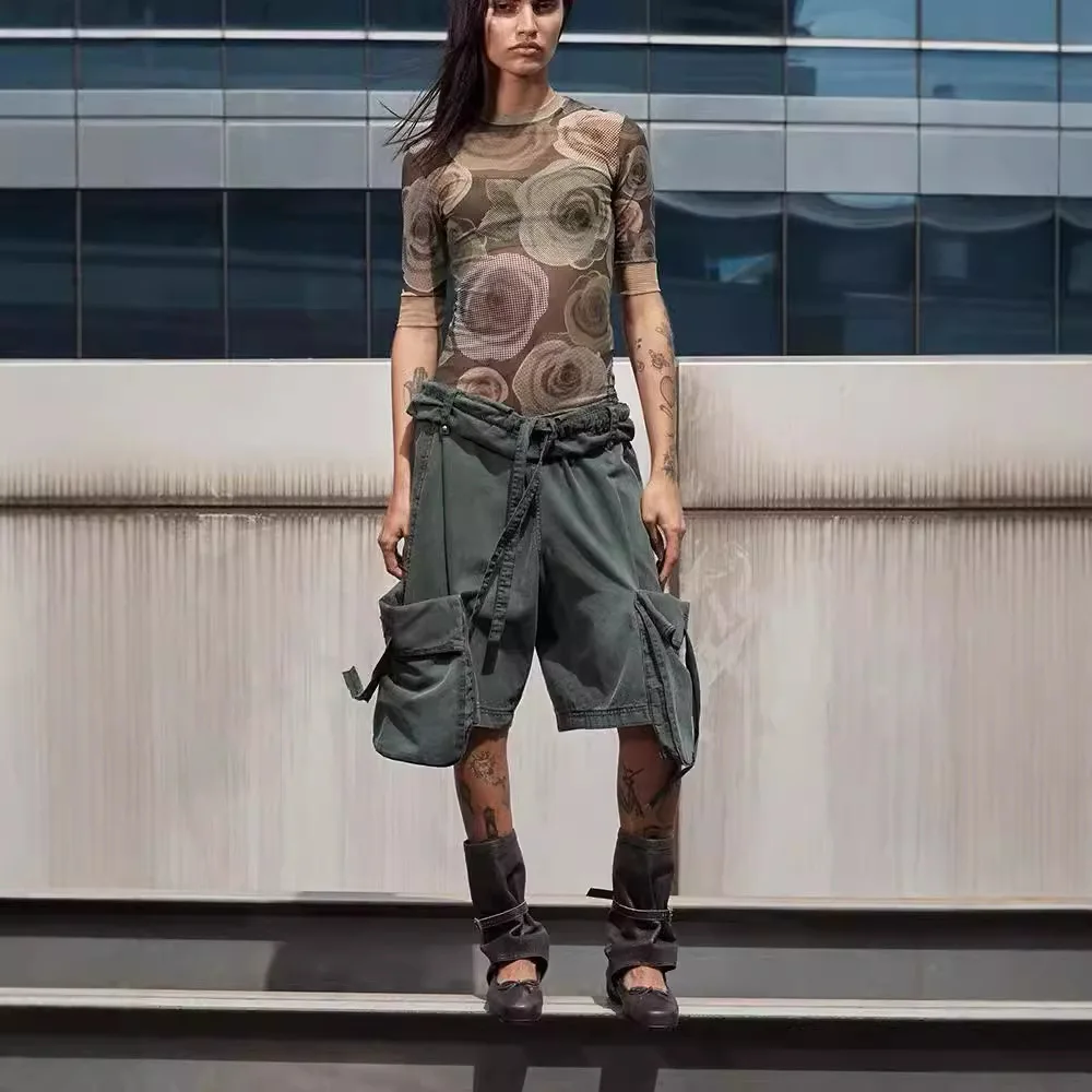 

Washed Vintage Workwear Short Pants Openyy Spring Summer New Natural Waist Five Parts Ladies Straight Leg No Stretch Jeans