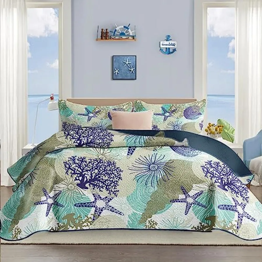 

3 Piece Coastal Quilt Sets Full/Queen Size - Reversible Microfiber Quilts with 2 Shams Soft Lightweight Beach Bedding Nautical